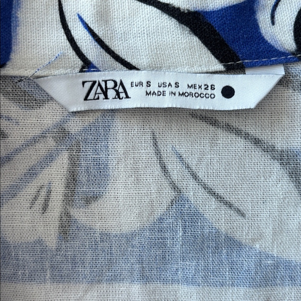 ZARA white and blue floral print linen blend shirt dress. - Picture 5 of 7